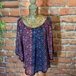 Peasant Scoop Neck Paisley Floral Top Blouse L